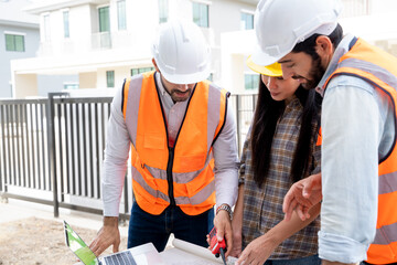 Aufkleber - Engineers group consult construction on site building working at construction site,Construction residential new house in progress at building site.