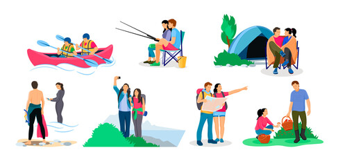 Happy couple enjoying summer outdoor leisure activity set. Man and woman hiking, taking selfie