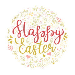 Wall Mural - Happy Easter. Floral circle frame. Calligraphy back and white greeting card. Hand drawn design elements. Handwritten brush lettering. Vector illustration on white background.