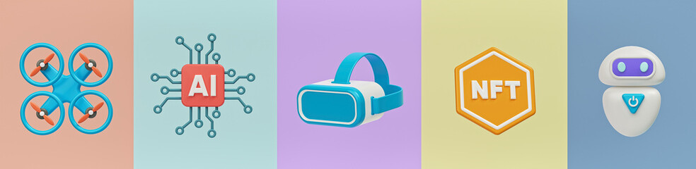 Poster - future technology 3d icons collection set. drone, AI, VR headset, NFT and robot. minimal sign symbol. 3d rendering