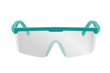 Safety Glasses are transparent lens with green frame for protecting the eye from rays and radius. Illustration about working accessory of medical and technician.