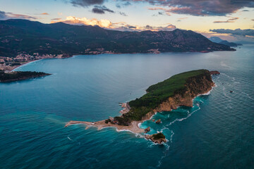 Wall Mural - Sunset aerial view of St. Nikola island near Budva, Montenegro