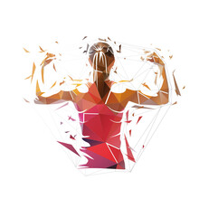 Athletic Young Woman Showing Muscles On Her Back And Arms. Low Polygonal Isolated Vector Illustration, Geometric Drawing From Triangles. Fitness Logo