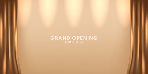 Wall Mural - Grand opening on the stage show theater with golden cloth silk satin curtain luxury elegant background