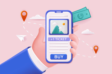 Poster - Travel mobile app concept 3D illustration. Booking and buying tickets, hotels or tours online with application, global tourism and vacation in resort. Vector illustration for modern web banner design