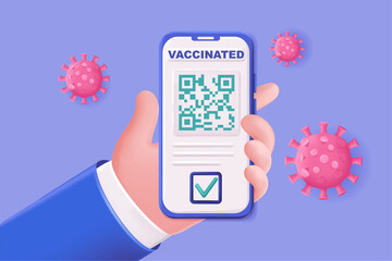 Poster - Vaccination certificate concept 3D illustration. Green certificate of full vaccination in form of qr code on screen of mobile phone, immune document. Vector illustration for modern web banner design