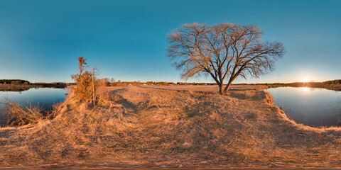 Wall Mural - Amazing landscape with river blue sky sunset at spring trees without greens and grass 3D spherical panorama with 360 degree viewing angle Ready for virtual reality vr Full equirectangular projection