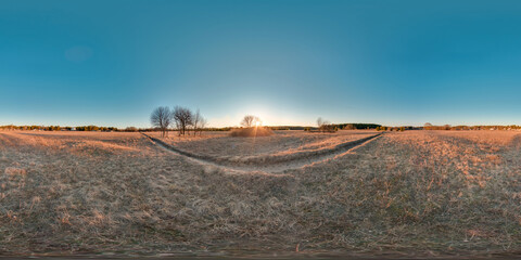 Wall Mural - Amazing landscape with blue sky sunset at spring trees without greens and grass 3D spherical panorama with 360 degree viewing angle Ready for virtual reality vr Full equirectangular projection