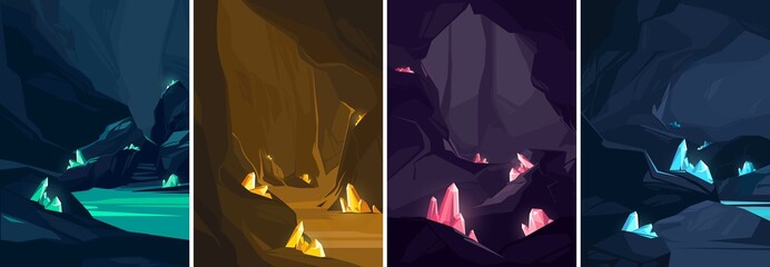 Wall Mural - Collection of caves with different crystals. Underground landscapes in portrait format.