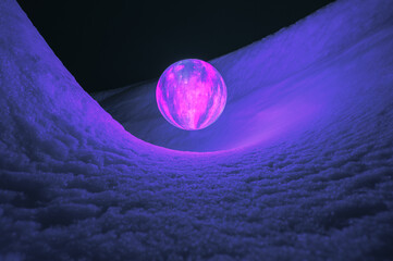 Wall Mural - abstract scene of levitating glowing ufo sphere over surface icy planet covered with snow. concept o