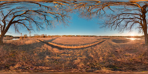 Wall Mural - Amazing landscape with blue sky sunset at spring trees without greens and grass 3D spherical panorama with 360 degree viewing angle Ready for virtual reality vr Full equirectangular projection