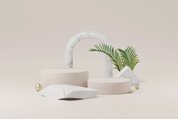 Poster - Mock up of stone and small plant forming a product podium, Cosmetic presentation. 3d rendering.