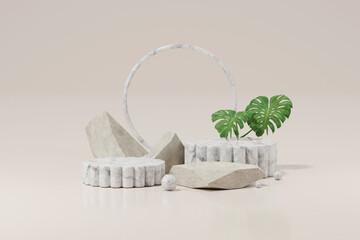 Poster - Mock up of stone and small plant forming a product podium, Cosmetic presentation. 3d rendering.