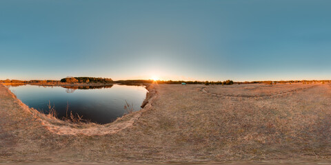 Wall Mural - Amazing landscape with river blue sky sunset at spring trees without greens and grass 3D spherical panorama with 360 degree viewing angle Ready for virtual reality vr Full equirectangular projection