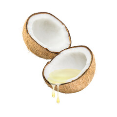 Wall Mural - Coconut oil dripping from coconut fruits isolated on white background.