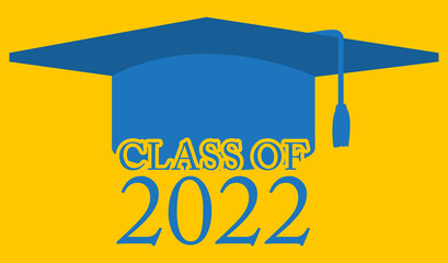 Graduation cap icon, sign with Class of 2022 text. Education, learning concept.