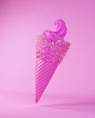 Wall Mural - Pink Ice Cream Gold Sprinkles Cone Pattern Sweet Food Summer Treat 3d illustration render