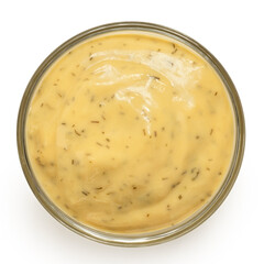 Wall Mural - Honey and mustard sauce with dill in a glass bowl. Top view.