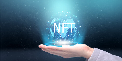 Sticker - NFT On a dark background, a network connection is abstracted. technology in science and communication concept, abstract technological background