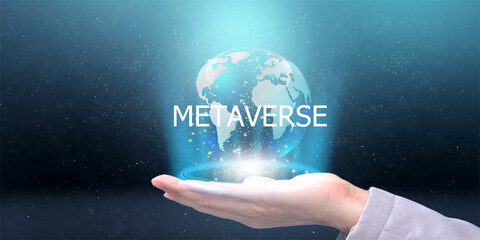 Poster - Network connects metaverse technologies. On a social media network, a computer-generated world exists between the user interface and augmented reality and virtual reality.