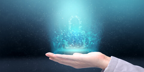 Poster - Data protection and cyber security. With a virtual network connection, a businessman holds a padlock to protect commercial. From a digital attack, innovation technology develops smart solutions