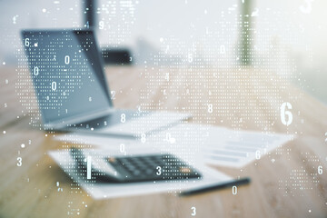 Poster - Abstract virtual coding illustration and world map on blurry calculator and computer background, international software development concept. Multiexposure