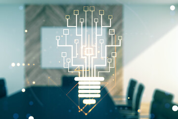 Aufkleber - Virtual creative light bulb illustration with microcircuit on a modern coworking room background, future technology concept. Multiexposure