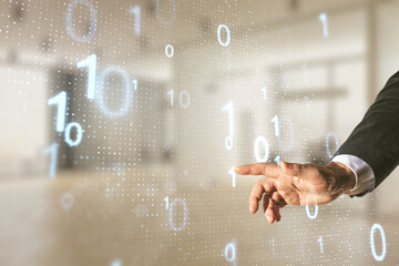 Aufkleber - Male hand working with abstract virtual binary code sketch on blurred office background, hacking and matrix concept. Multiexposure