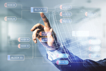 Aufkleber - Male hand clicks on abstract virtual coding illustration and world map on blurred office background, international software development concept. Multiexposure