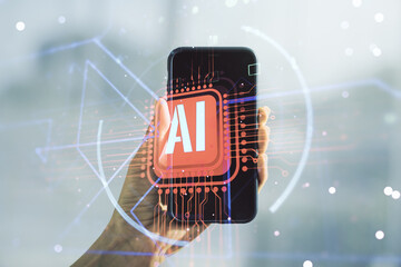 Poster - Double exposure of creative artificial Intelligence abbreviation and hand with cellphone on background. Future technology and AI concept