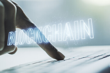 Poster - Creative abstract blockchain technology hologram and hands typing on computer keyboard on background, cryptography and decentralization concept. Multi exposure