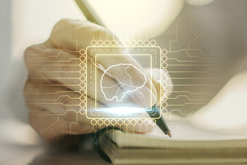 Poster - Creative artificial Intelligence concept with human brain sketch and woman hand writing in diary on background. Double exposure