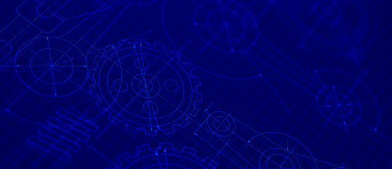 Fototapete - Blueprints engineer technician design drawing mechanical gear engineering Engine factory Industry Industrial technology project abstract presentation cover banner background. 3d rendering.