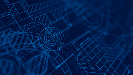 Fototapete - Blueprints engineer technician design drawing mechanical gear engineering Engine factory Industry Industrial technology project abstract presentation cover banner background. 3d rendering.