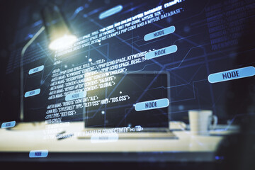 Poster - Abstract creative coding concept on modern laptop background. Multiexposure
