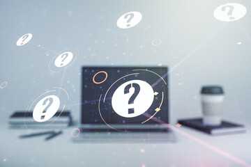 Aufkleber - Creative concept of question mark illustration on modern laptop background. FAQ and search concept. Multiexposure