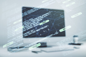 Poster - Multi exposure of abstract software development hologram on laptop background, research and analytics concept