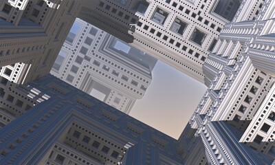 Wall Mural - Digital 3d project of fictional nonexistent futuristic multidimensional building with multiple windows. View from bottom to top through upper opening to the blue sky. Creative architectural structure.