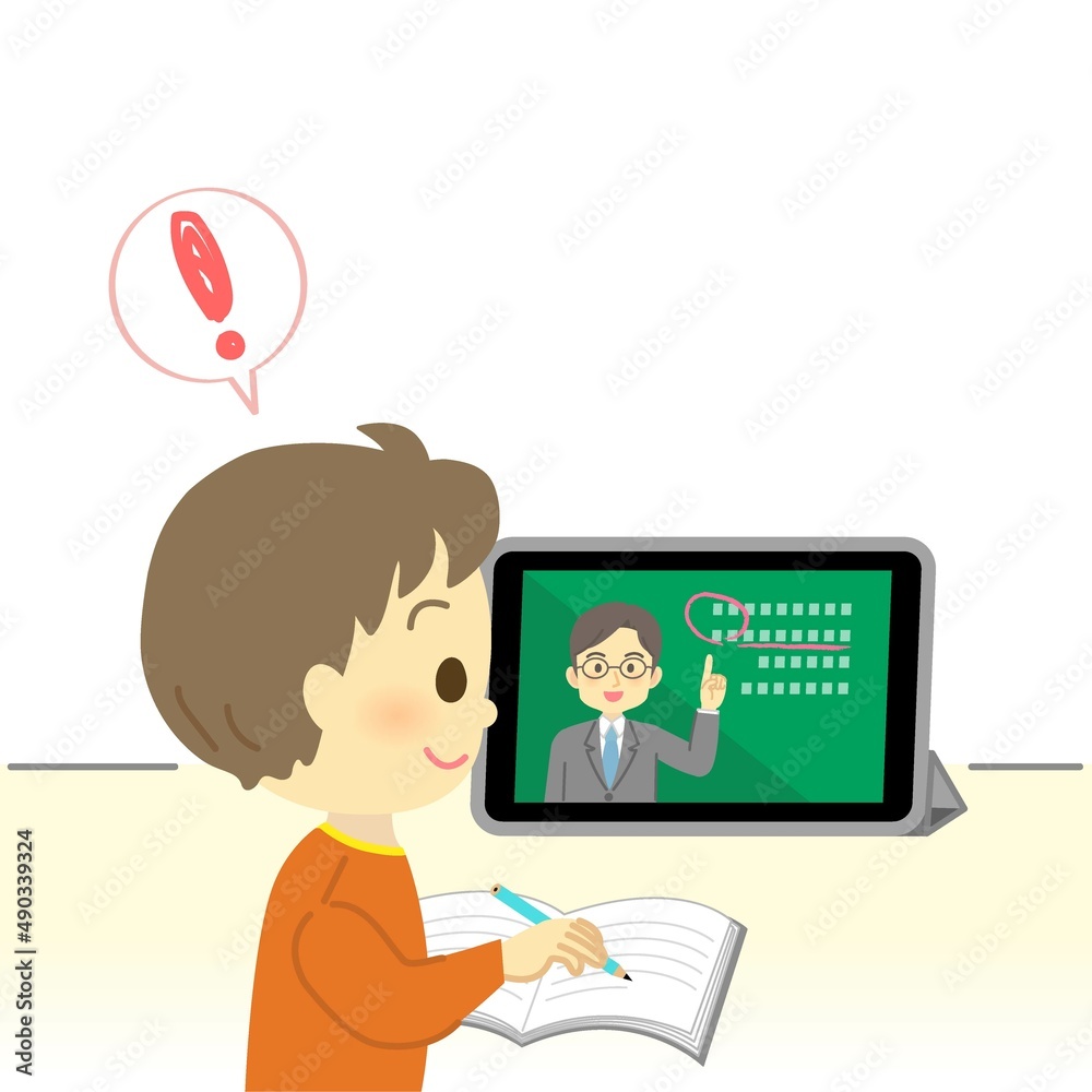 イラスト素材:タブレット画面を見てオンライン授業を先生から受ける笑顔の小学生（男の子/ポジティブ） Stock Vector | Adobe Stock, image size:1000x1000