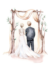 Wall Mural - Watercolor couple bride and groom in boho ceremony style wedding. arch with tree branches. marriage illustration. Love wedding invitation. save the date.