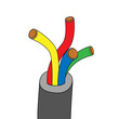 4 cores screened insulated wire. Multicore electric cable. Vector illustration. Simple stock cartoon image. red blue yellow green wires. Electricity tool
