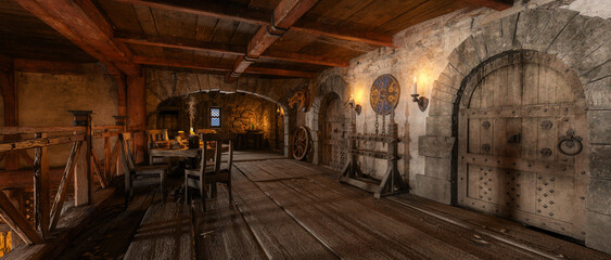 Wall Mural - Wide panoramic 3d rendering of upstairs room in medieval fantasy inn.