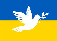 Dove Of Peace On The Background Of The Ukrainian Flag. Ukraine And Russia Military Conflict. Stop World War. Symbol Of Peace And Freedom On The Background Of The Ukrainian Flag