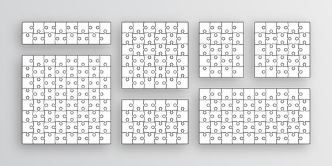 Puzzle pieces. Jigsaw outline grids. Scheme for thinking game. Simple mosaic background with separate shapes. Set of cutting template with details. Frame tiles. Vector illustration.