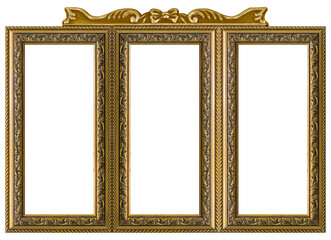 Wall Mural - Triple golden frame (triptych) for paintings, mirrors or photos isolated on white background. Design element with clipping path