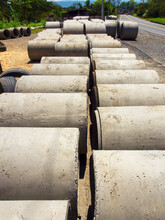 Rows Of Big Concrete Pipes In A Factory At The Side Of The Road Near The Town Of Miniquira, In The Eastern Andean Mountains Of Central Colombia.