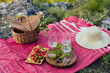 Romantic setting for a French-style picnic. Glasses, strawberries, croissants, hat, basket with baguette and bottle of wine on red blanket.