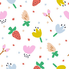 Vector hand-drawn doodling cute flower and strawberry illustration seamless repeat pattern fashion and home kitchen fabric print digital artwork