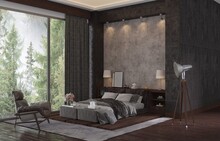 Dark Bedroom With Forest View, Panoramic Windows, Wooden Floor, Painting, Concrete Wall, Dark Brown Tiles On The Wall. 3D Render