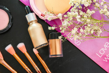 Canvas Print - Composition with magazine, makeup brushes and decorative cosmetics on dark wooden table